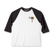 A chocolate brown palmetto and crescent moon. The palmetto is a symbol of South Carolina pride. Buy the chocolate brown palmetto moon printed in the pocket area of a t-shirt, sweatshirt, or other apparel item.