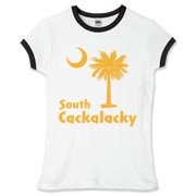 Yellow South Cackalacky Palmetto Moon Women's Fitted Ringer Tee features the South Carolina palmetto moon logo in yellow.