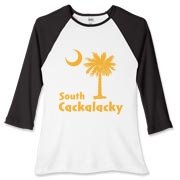 Yellow South Cackalacky Palmetto Moon Women's Fitted Baseball Tee features the South Carolina palmetto moon logo in yellow.