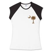 A chocolate brown palmetto and crescent moon. The palmetto is a symbol of South Carolina pride. Buy the chocolate brown palmetto moon printed in the pocket area of a t-shirt, sweatshirt, or other apparel item.