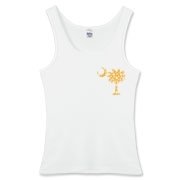 Yellow Polka Dots South Cackalacky Deluxe Women's Fitted Tank Top feature the polka dot South Carolina palmetto moon logo in yellow on the back and a smaller, matching palmetto moon on the front.