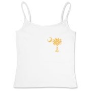 Yellow Polka Dots South Cackalacky Deluxe Women's Fitted Camisole Tank feature the polka dot South Carolina palmetto moon logo in yellow on the back and a smaller, matching palmetto moon on the front.