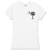 This pocket sized version of Earth and Moon palmetto and crescent moon features a photo of the Earth as the background for the palmetto and a photo of the Moon as a background for the crescent.