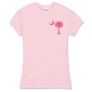 A pink palmetto and crescent moon. The palmetto is a symbol of South Carolina pride. Buy the pink palmetto moon printed in the pocket area of a t-shirt, sweatshirt, or other apparel item.
