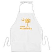 Yellow Polka Dots South Cackalacky Palmetto Moon BBQ Apron features a Polka Dot South Carolina palmetto moon logo in yellow.