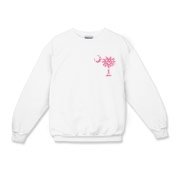 Pink Polka Dot Palmetto Moon Kids Crewneck Sweatshirt features a small pink palmetto moon with white polka dots printed in the pocket area.