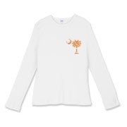Orange Polka Dot Palmetto Moon Women's Fitted Baby Rib Long Sleeve Tee features a small orange palmetto moon with white polka dots printed in the pocket area.