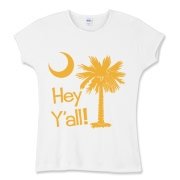 Say hello with the Yellow Hey Y'all Palmetto Moon Women's Fitted Baby Rib Tee. It features the South Carolina palmetto moon.