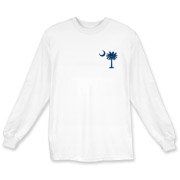 South Carolina Outline Long Sleeve T-Shirt with an outline of the state of South Carolina and the popular Palmetto Moon logo on the back and a blue palmetto moon on the front.