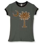 Buy a Chocloate Brown Palmetto Moon Women's Fitted Ringer Tee. The palmetto moon is a symbol of South Carolina pride.