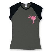 Buy a Pink Palmetto Moon Women's Fitted Cap Sleeve Tee featuring a smaller palmetto printed on the left chest area. The palmetto moon is a symbol of South Carolina pride.