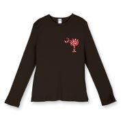 Get a White Heart Pattern Palmetto Moon Women's Fitted Baby Rib Long Sleeve Tee for your sweetheart this Valentine's Day! Featuring the a smaller pocket sized version of the South Carolina Palmetto Moon with a white heart pattern printed smaller on the le