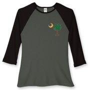 Buy a Christmas Palmetto Moon Women's Fitted Baseball Tee and have a Merry Christmas, South Carolina style. This version features a pocket sized version of the Christmas Tree Palmetto Moon.