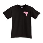 Pink Polka Dot Palmetto Moon Kids T-Shirt features a small pink palmetto moon with white polka dots printed in the pocket area.