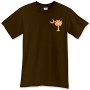 Orange Polka Dot Palmetto Moon T-Shirt features a small orange palmetto moon with white polka dots printed in the pocket area.