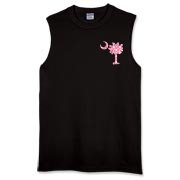 Pink Polka Dot Palmetto Moon Sleeveless T-Shirt features a small pink palmetto moon with white polka dots printed in the pocket area.