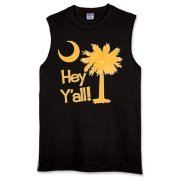 Say hello with the Yellow Hey Y'all Palmetto Moon Sleeveless T-Shirt. It features the South Carolina palmetto moon.