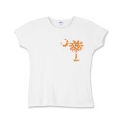 Orange Polka Dot Palmetto Moon Girls Baby Rib T-Shirt features a small orange palmetto moon with white polka dots printed in the pocket area.