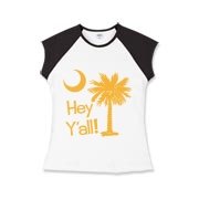Say hello with the Yellow Hey Y'all Palmetto Moon Girls Cap Sleeve T-Shirt. It features the South Carolina palmetto moon.