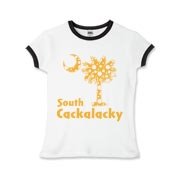 Yellow Polka Dots South Cackalacky Palmetto Moon Girls Ringer T-Shirt features a Polka Dot South Carolina palmetto moon logo in yellow.