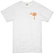 Orange Polka Dot Palmetto Moon Organic T-Shirt features a small orange palmetto moon with white polka dots printed in the pocket area.