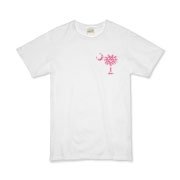 Pink Polka Dot Palmetto Moon Organic Kids T-Shirt features a small pink palmetto moon with white polka dots printed in the pocket area.