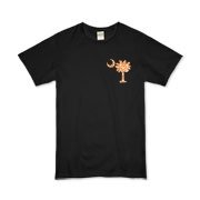 Orange Polka Dot Palmetto Moon Organic Kids T-Shirt features a small orange palmetto moon with white polka dots printed in the pocket area.