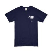 White South Cackalacky Palmetto Moon Organic Kids T-Shirt features the South Carolina palmetto moon logo in white on the back and a smaller, matching palmetto moon on the front.