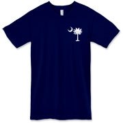 White South Cackalacky Palmetto Moon American Apparel T-Shirt features the South Carolina palmetto moon logo in white on the back and a smaller, matching palmetto moon on the front.