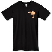 Orange Polka Dot Palmetto Moon American Apparel T-Shirt features a small orange palmetto moon with white polka dots printed in the pocket area.