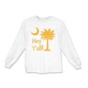 Say hello with the Yellow Hey Y'all Palmetto Moon Kids Long Sleeve T-Shirt. It features the South Carolina palmetto moon.