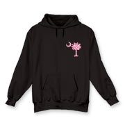 Buy a Pink Polka Dot Palmetto Moon Hooded Sweatshirt that features a pink palmetto moon with white polka dots printed smaller on the left chest area.