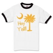 Say hello with the Yellow Hey Y'all Palmetto Moon Ringer T-Shirt. It features the South Carolina palmetto moon.