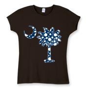 Buy a Blue Polka Dot Palmetto Moon Women's Fitted Baby Rib Tee that features a blue palmetto moon with white polka dots.