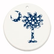 Buy a Blue Polka Dot Palmetto Moon Round Ornament that features a blue palmetto moon with white polka dots.