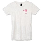 Buy a Pink Polka Dot Palmetto Moon Alternative Apparel Women's Burnout T-Shirt that features a pink palmetto moon with white polka dots printed smaller on the left chest area.