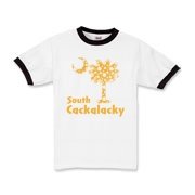 Yellow Polka Dots South Cackalacky Palmetto Moon Kids Ringer T-Shirt features a Polka Dot South Carolina palmetto moon logo in yellow.