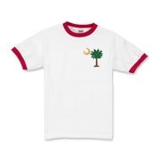 Celebrate a Palmetto Christmas in South Carolina with a Christmas Palmetto Moon T-Shirt, Sweatshirt, or other apparel item. This version features a pocket sized version of the Christmas Tree Palmetto.
