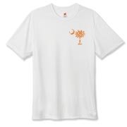 Buy an Orange Polka Dot Palmetto Moon Hanes Cool Dri T-shirt that features a orange palmetto moon with white polka dots printed smaller on the left chest area.