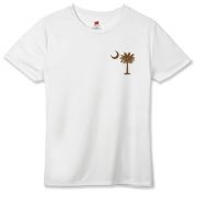 Buy a Chocolate Brown Palmetto Moon Hanes Women's Cool Dri T-shirt featuring a smaller palmetto printed on the left chest area. The palmetto moon is a symbol of South Carolina pride.