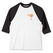 Orange Polka Dot Palmetto Moon Baseball Jersey features a small orange palmetto moon with white polka dots printed in the pocket area.