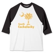 Yellow Polka Dots South Cackalacky Palmetto Moon Baseball Jersey features a Polka Dot South Carolina palmetto moon logo in yellow.