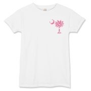 Pink Polka Dot Palmetto Moon Women's T-Shirt features a small pink palmetto moon with white polka dots printed in the pocket area.