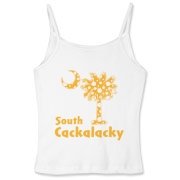 Yellow Polka Dots South Cackalacky Palmetto Moon Women's Fitted Spaghetti Strap Tank features a Polka Dot South Carolina palmetto moon logo in yellow.