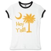 Say hello with the Yellow Hey Y'all Palmetto Moon Women's Fitted Ringer Tee. It features the South Carolina palmetto moon.