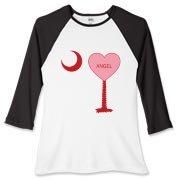 A Candy Heart Palmetto Moon for an Angel! Perfect for Valentine's Day, it features a pink candy heart on the South Carolina Palmetto Moon with Angel.