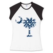 Blue Polka Dot Palmetto Moon Women's Fitted Cap Sleeve Tee features a blue palmetto moon with white polka dots and is a fun variation on the South Carolina flag palmetto logo.