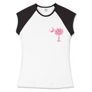 Pink Polka Dot Palmetto Moon Women's Fitted Cap Sleeve Tee features a small pink palmetto moon with white polka dots printed in the pocket area.