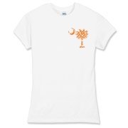 Orange Polka Dot Palmetto Moon Women's Fitted Fine Jersey Tee features a small orange palmetto moon with white polka dots printed in the pocket area.