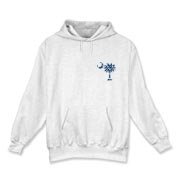 Blue Polka Dots South Cackalacky Deluxe Hooded Sweatshirt feature the polka dot South Carolina palmetto moon logo in blue on the back and a smaller, matching palmetto moon on the front.